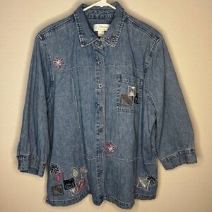 CJ Banks Blue Denim Shirt Tropical Floral Embroidery Button Up Women Plus 1X